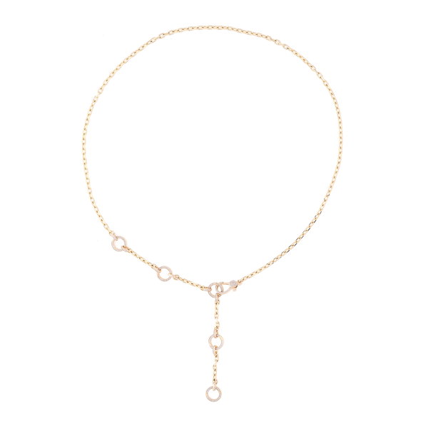 Closeup photo of 14k Yellow Gold Chain Lariat Necklace with 5 Openable Rings