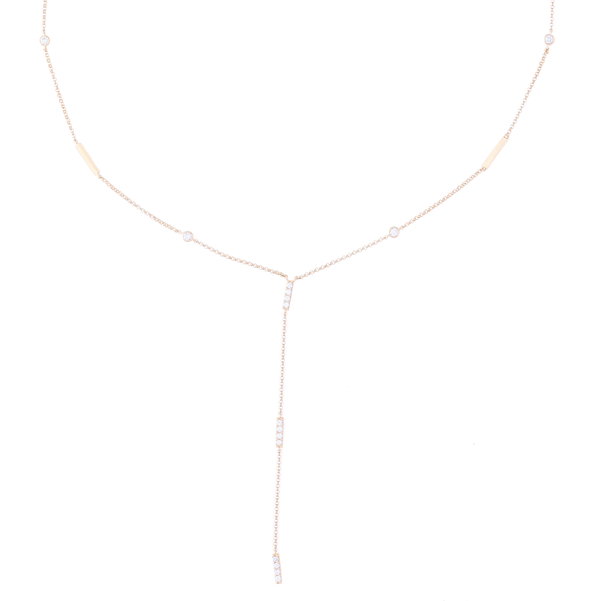 Closeup photo of 14k Yellow Gold Diamond & Gold Bar Y Necklace