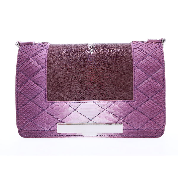 Closeup photo of Ombre Purple Stingray and Python Chain Bag