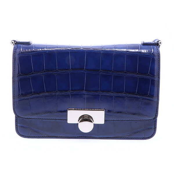 Closeup photo of Sapphire Blue Alligator Chain Bag