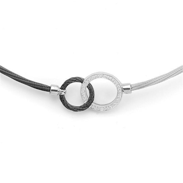 Closeup photo of Black & Grey Cable Interlocking Ring Necklace with 18kt White Gold & Diamonds – ALOR