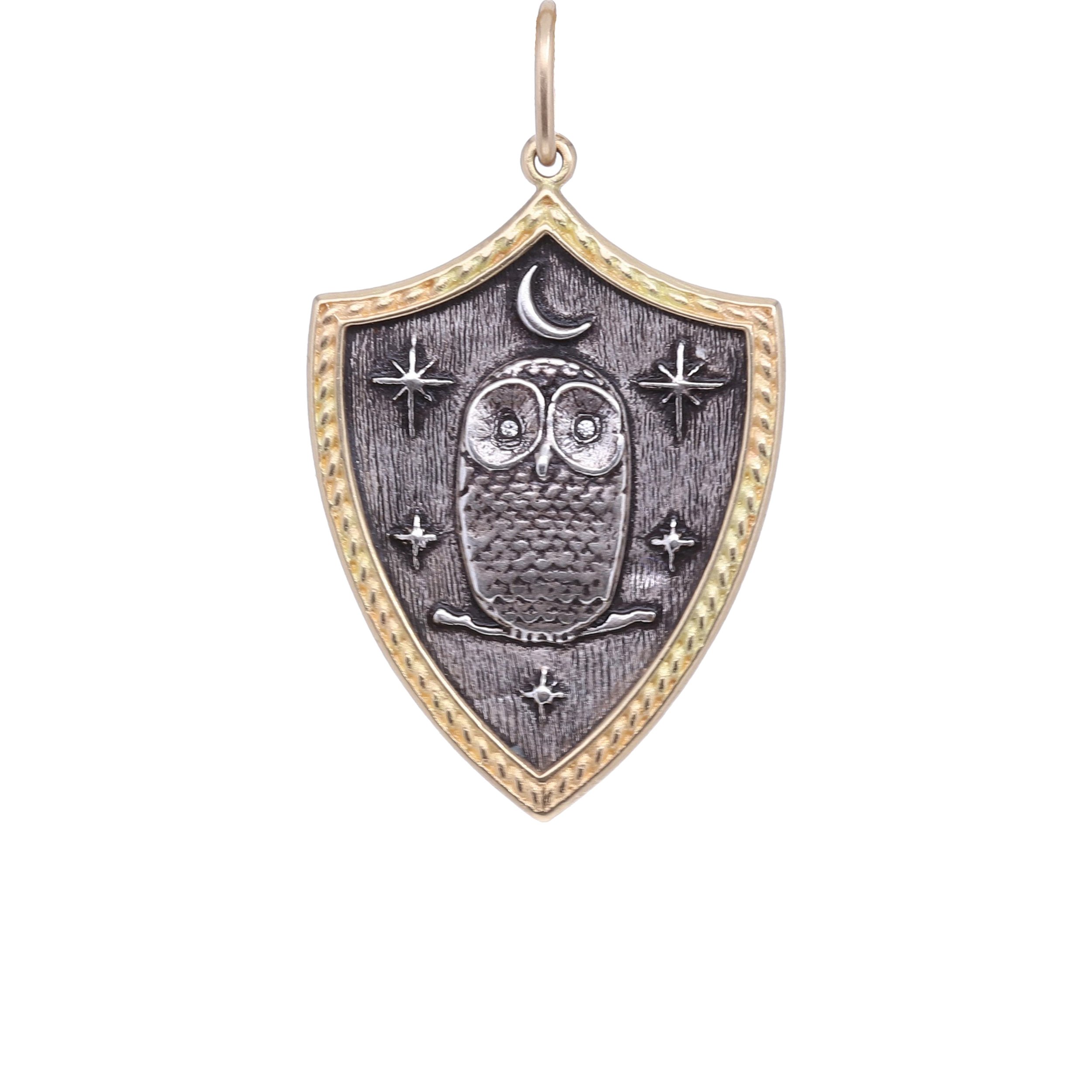 18k Owl Shield Charm with Diamond Eyes Pendant
