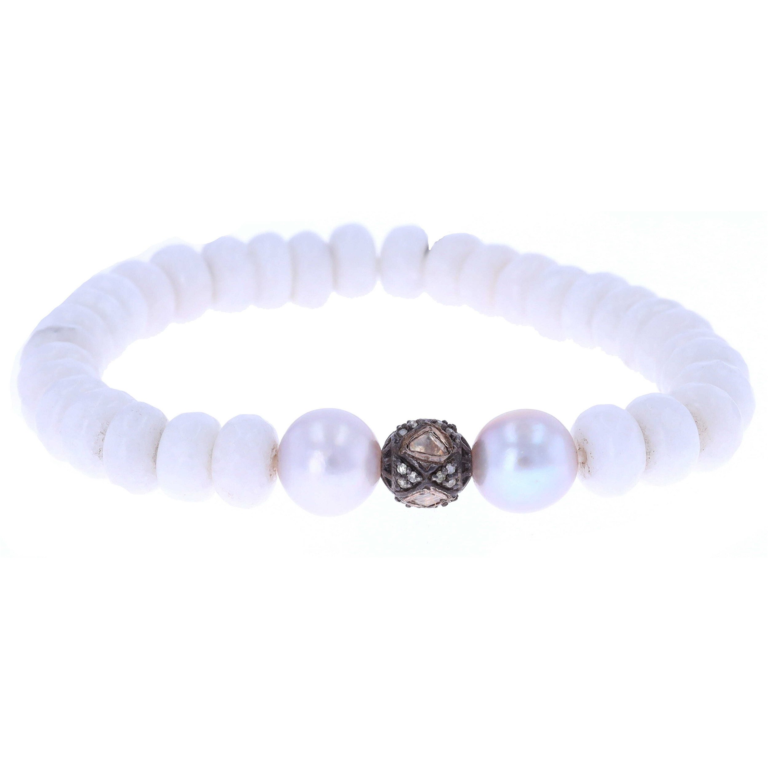 White Mystic Agate Bead Stretch Bracelet With Pearl/Dia Station