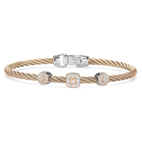 Closeup photo of Carnation Cable Essential Stackable Bracelet with Multiple Diamond station set in 18kt Rose Gold – ALOR