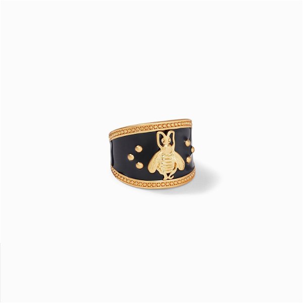 Closeup photo of Bee Crest Ring Gold Obsidian Black Enamel Size 7