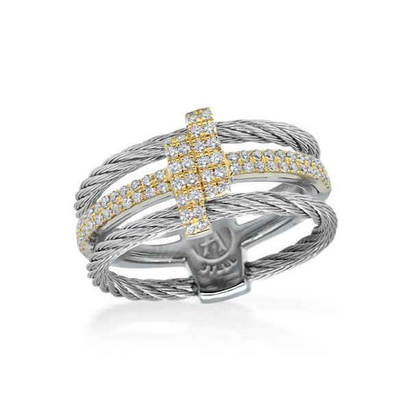 Closeup photo of Grey Dual Cable Opulence Ring with 18kt Yellow Gold & Diamonds