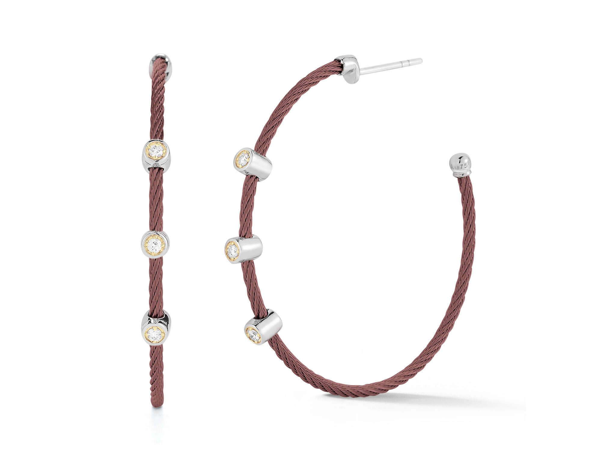 Cable Hoop Earrings with Triple Diamond Station – Burgandy