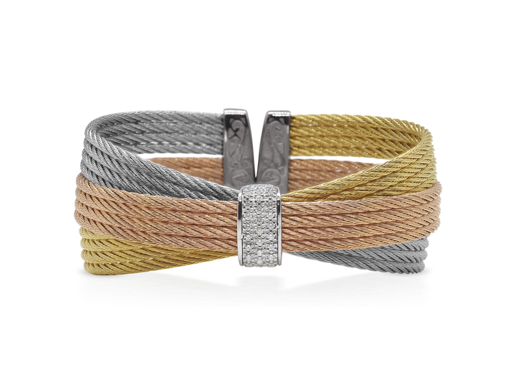 Yellow, Rose, & Grey Cable Bow Cuff with Diamonds set in White Gold – ALOR