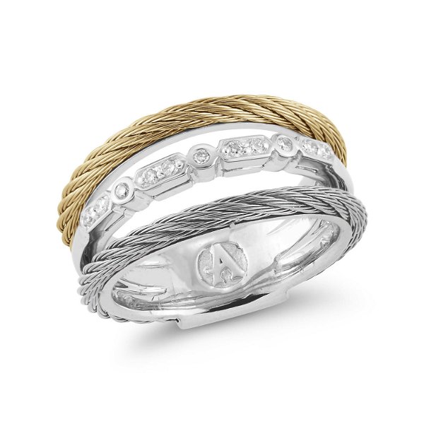 Closeup photo of Layered Grey & Yellow Cable Ring with 18kt White Gold & Diamonds – ALOR