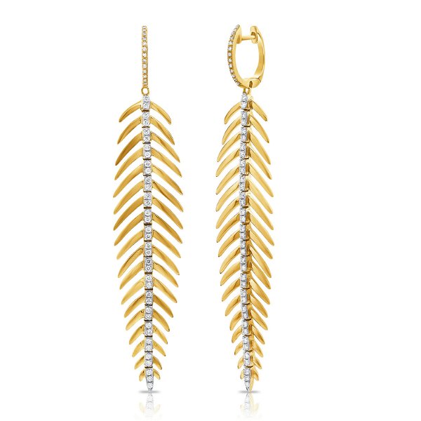Closeup photo of 14k Feather Earring with Diamonds Down Center
