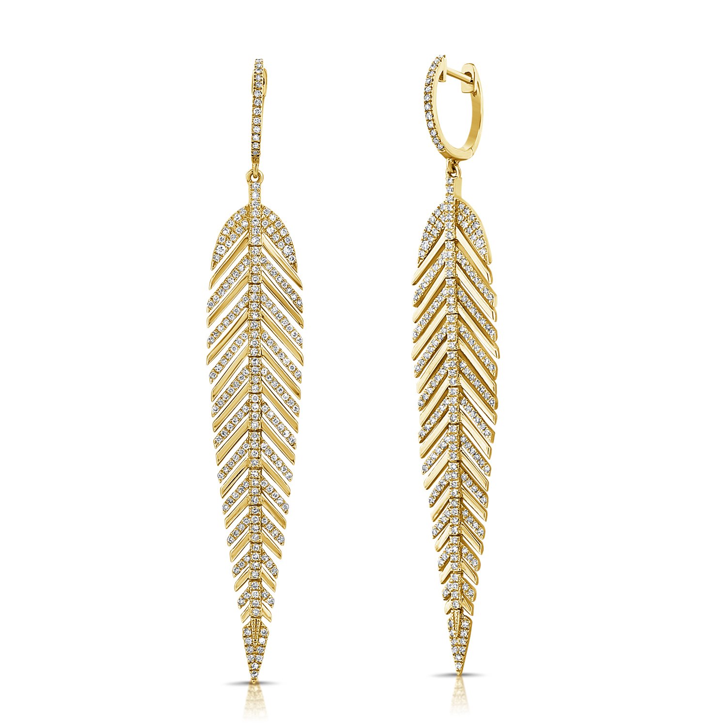 14k Feather Earrings w/ Diamond Ribs