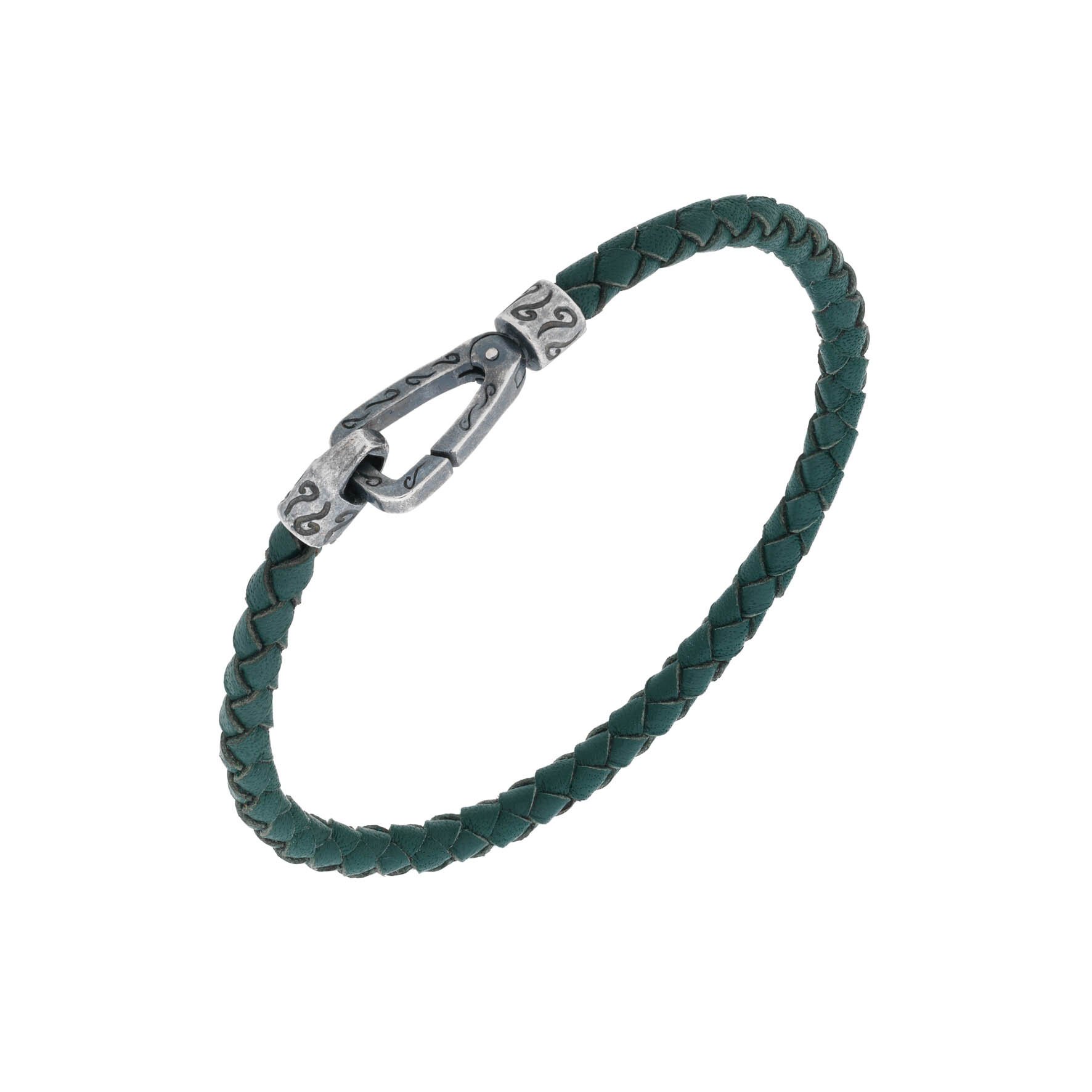 Lash Woven Bracelet, Oxidized Silver, Green Woven Leather