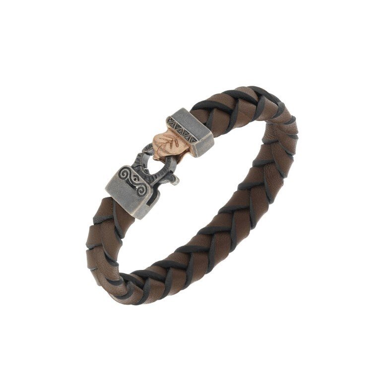 Lash Wide Leather Bracelet, Oxidized Silver, 18k Rose Gold Plated, Brown Leather, Black Diamonds 0.06tcw