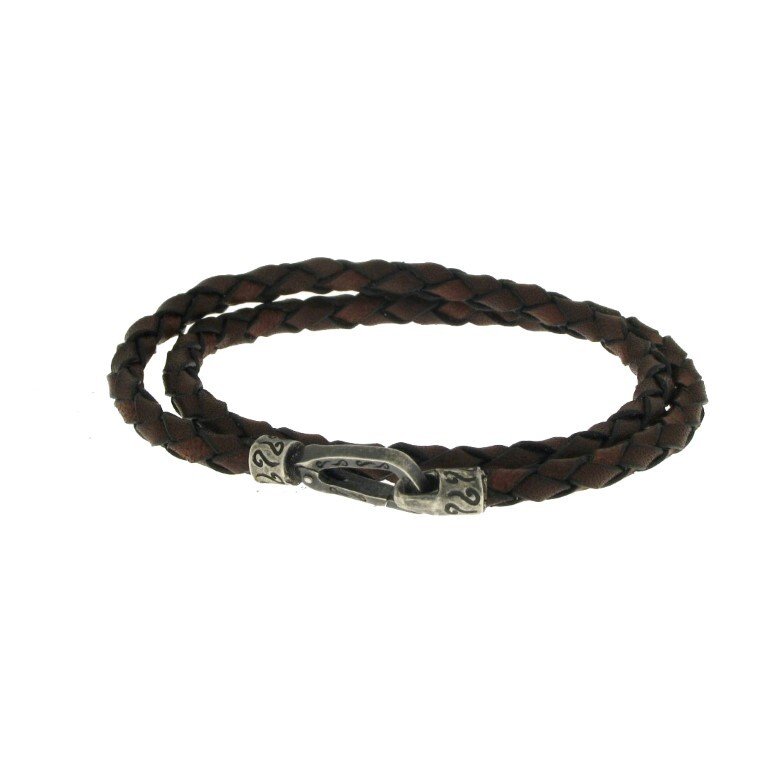 Lash Double Wrap Bracelet, Oxidized Silver, Woven Brown Leather