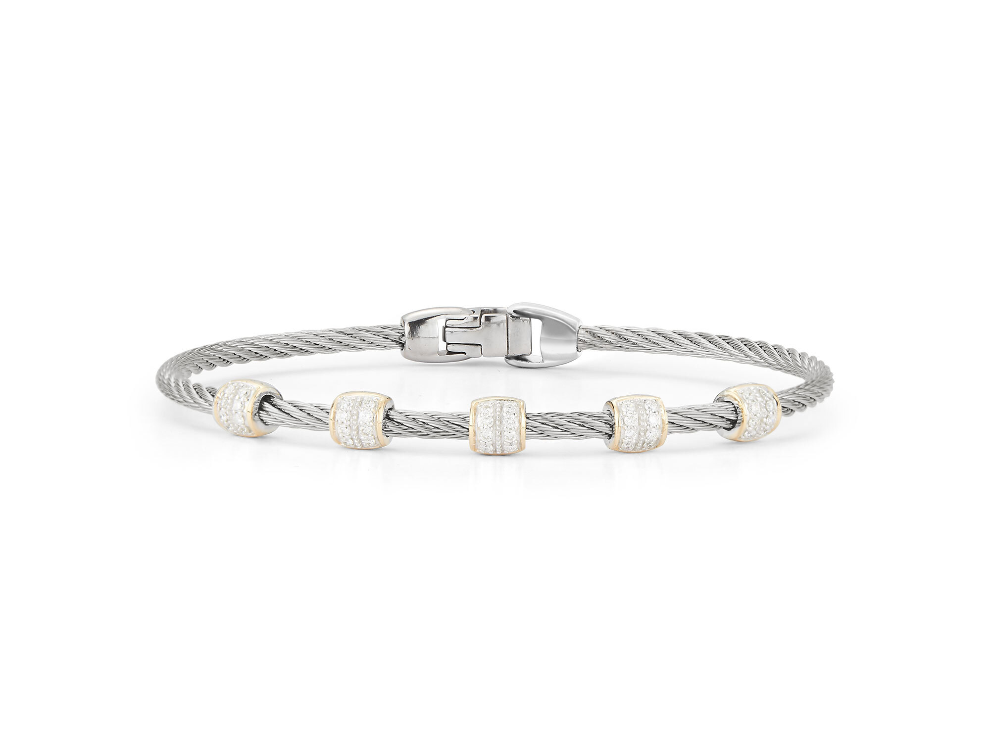 Closeup photo of Grey Cable Five Station Stackable Bracelet with 18kt White Gold & Diamonds