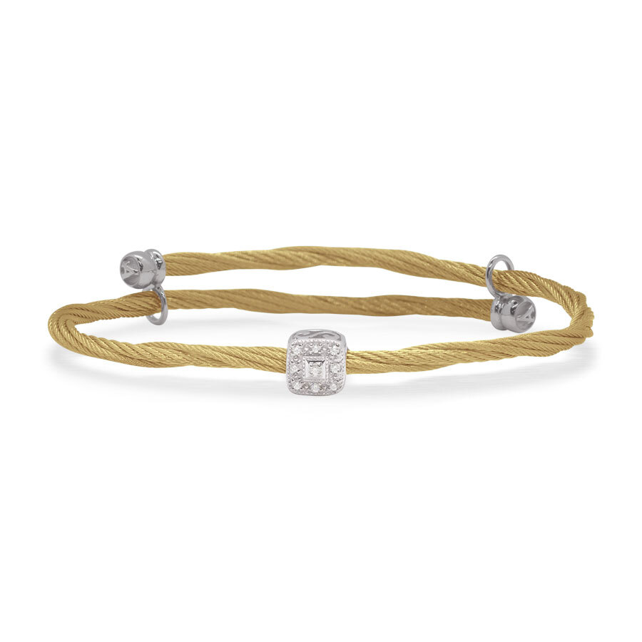 Closeup photo of Yellow Cable Flex Bracelet with Square Diamond Station set in 18kt White Gold