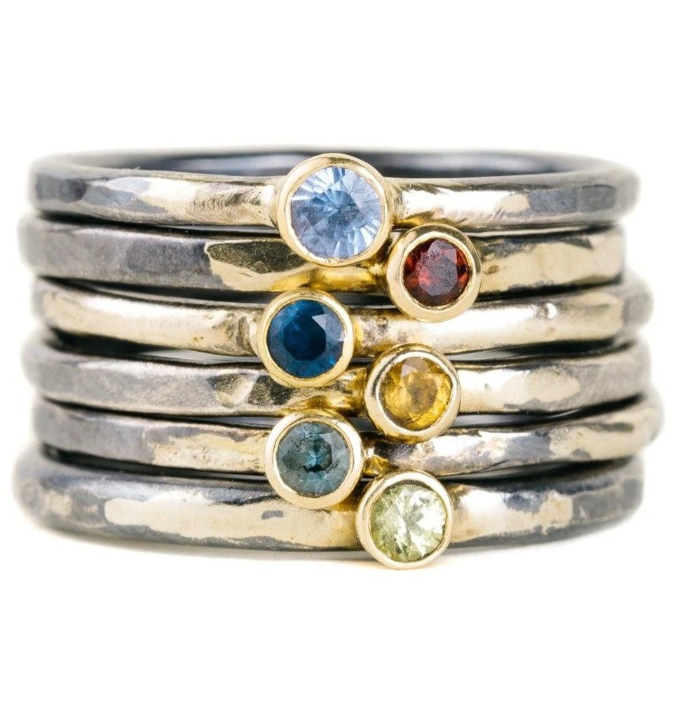 Shine On Birthstone Stackers- 18k Gold, Oxidized Silver + Ethically Sourced Tanzanite
