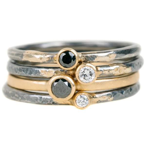 Closeup photo of Shine On Birthstone Stackers- 18k Gold, Oxidized Silver + Reclaimed 0.03ct VS Diamonds