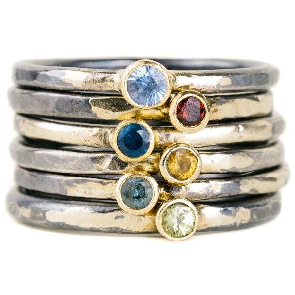 Closeup photo of Shine On Birthstone Stackers- 18k Gold, Oxidized Silver + Ethically Sourced Citrine