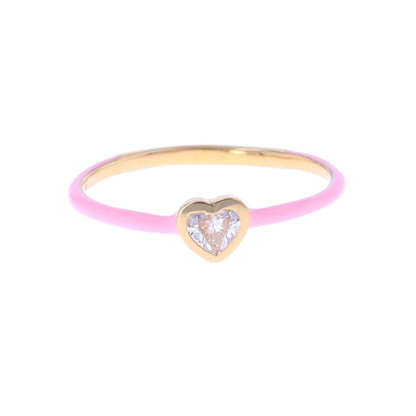 14k & Pink Enamel Stack Band with Heart Shaped Diamond Center