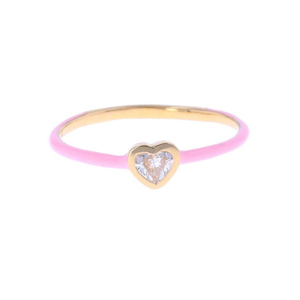 Closeup photo of 14k & Pink Enamel Stack Band with Heart Shaped Diamond Center