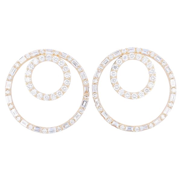 Closeup photo of 14k Double Circle Round & Baguette Diamond Studs