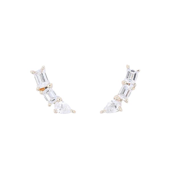 Closeup photo of 14k Pear & Baguette Diamond Crawler Stud Earrings
