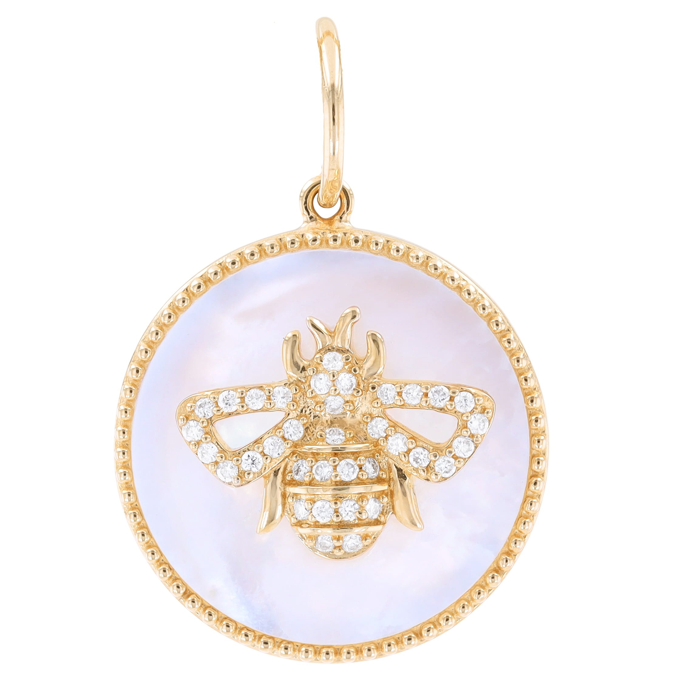 14k Bee Medallion Over Mother Of Pearl Charm Pendant