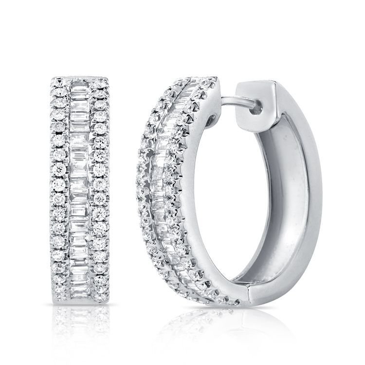 14k Baguette Diamond Huggie Earrings - Medium