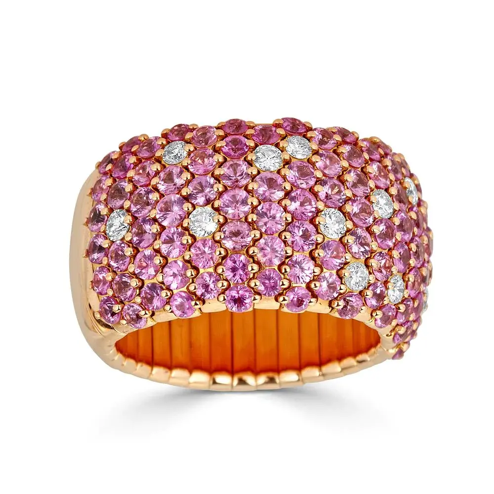 Half Set Pink Sapphire Wide Domed Stretch Ring with Diamonds