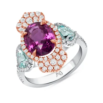 18k Pink Ceylon Sapphire Ring w/ Paraiba Tourmaline & Diamond