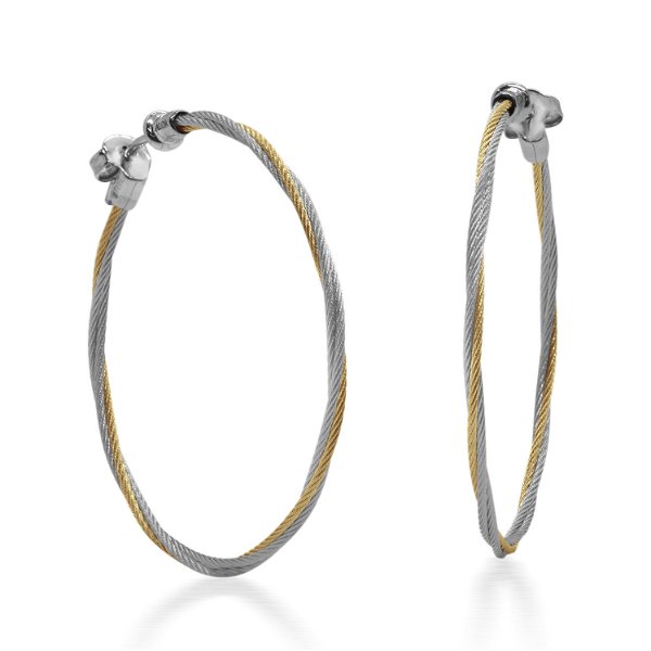 Closeup photo of Yellow & Grey Cable 1.5? Hoop Earrings with 18kt White Gold