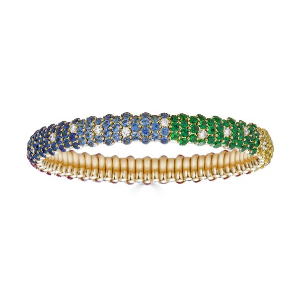 Closeup photo of Small Domed Stretch Bracelet Rainbow Sapphires, Tsavorite and 18k Yellow Gold
