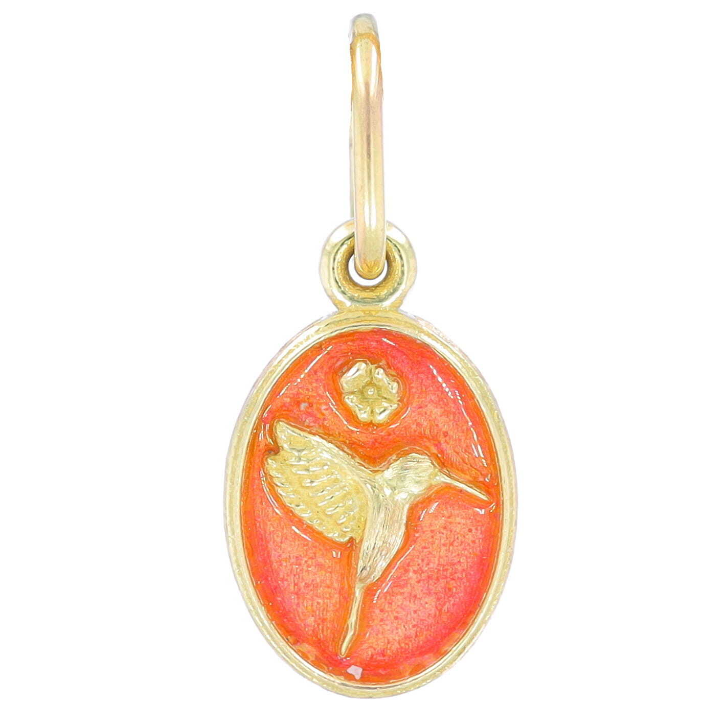 We are so excited to introduce the Erica Molinari Baby Vitreous Coral Enamel Hummingbird! This beautiful pendant is crafted from 18k yellow gold and features a stunning coral vetreous enamel finish. The hummingbird charm is the perfect finishing touch to this piece. We know you will love wearing this pendant as a reminder of the beauty of nature. 18k Baby Vitreous Coral Enamel Hummingbird