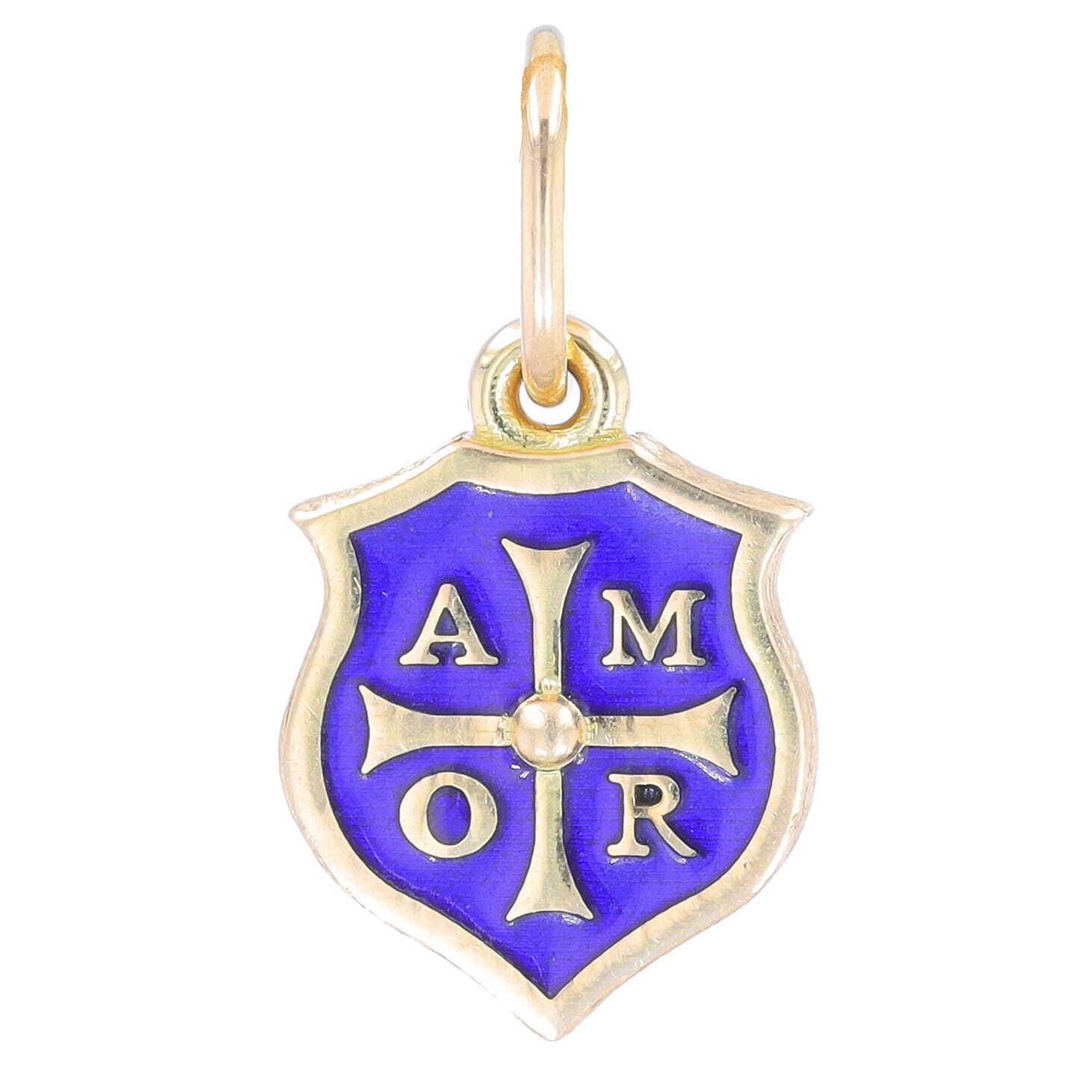Charm your way through life with this stunning Erica Molinari cross charm. Crafted from 18k yellow gold, it features a beautiful royal blue vitreous enamel cross with a diamond center 0.07tcw. Measuring 0.80" long, this dainty pendant is perfect for everyday wear. On the back, in Italian, it says "Amor," making it a charming gift for someone special in your life. 18k Vitreous Blue Enamel & Diamond Cross Shield Charm