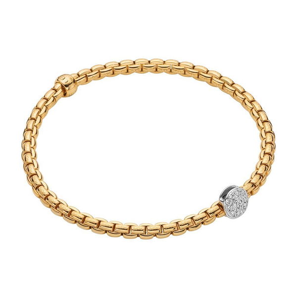 Closeup photo of Eka Tiny Flex'It Bracelet in Yellow Gold w/ Pave Diamond Disc - Size XL (19cm)