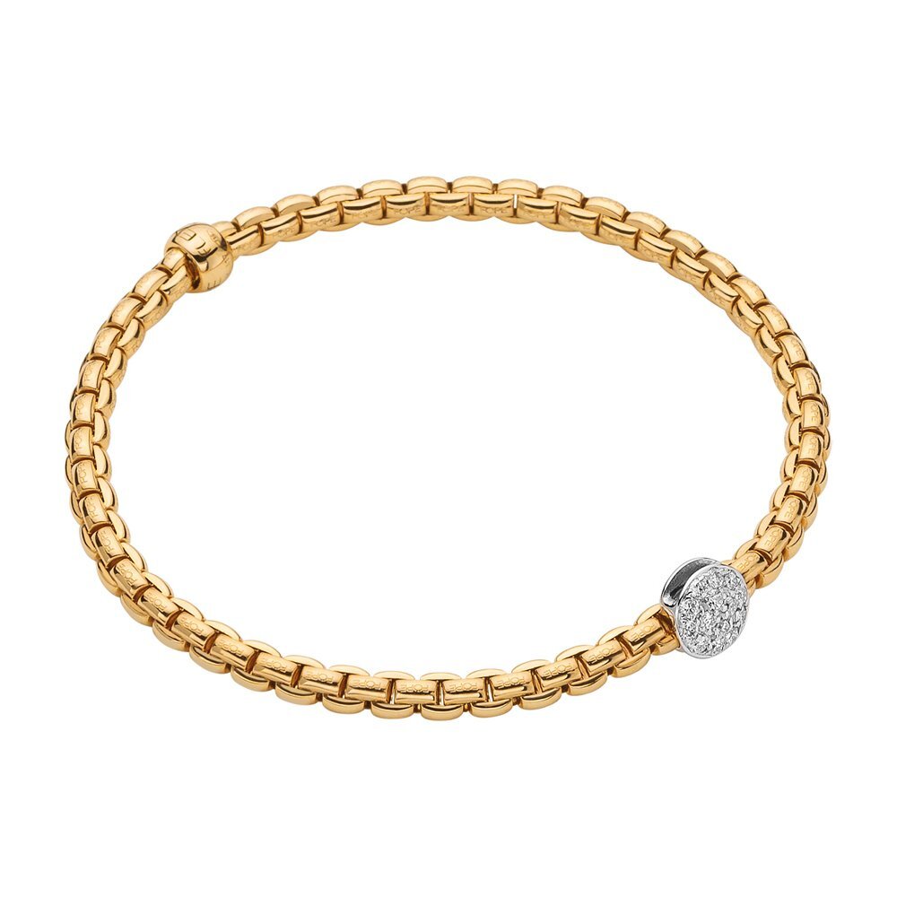 Eka Tiny Flex'It Bracelet in Yellow Gold w/ Pave Diamond Disc - Size XS (15cm)