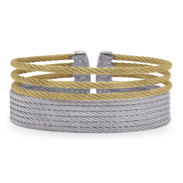 Closeup photo of ALOR Yellow & Grey Cable Stacked Wide Open Cuff