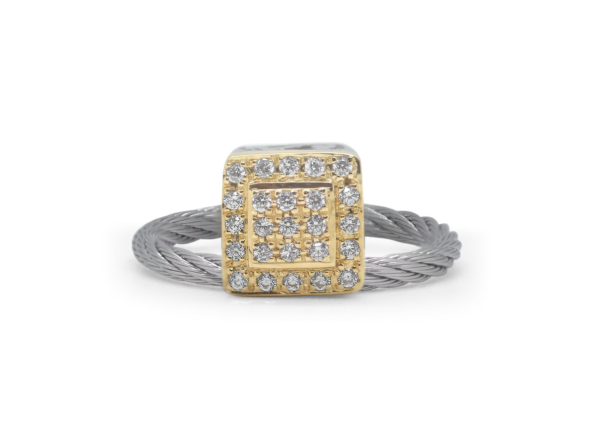 ALOR Grey Cable Elevated Square Station Ring with 18kt Yellow Gold & Diamonds