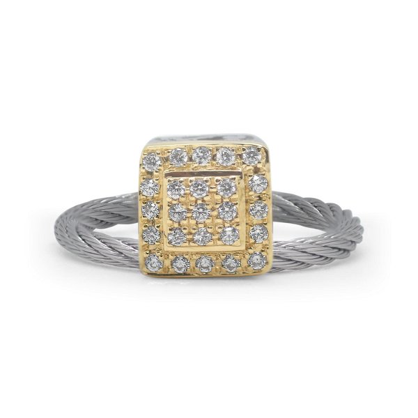 Closeup photo of ALOR Grey Cable Elevated Square Station Ring with 18kt Yellow Gold & Diamonds
