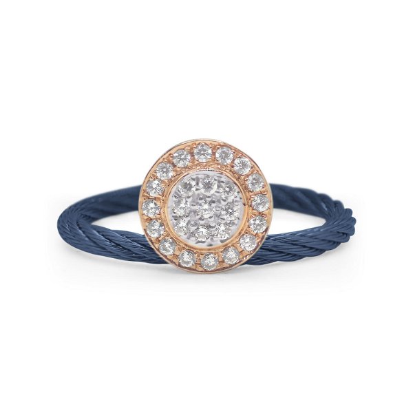 Closeup photo of ALOR Blueberry Cable Elevated Round Station Ring with 18kt Rose Gold & Diamonds