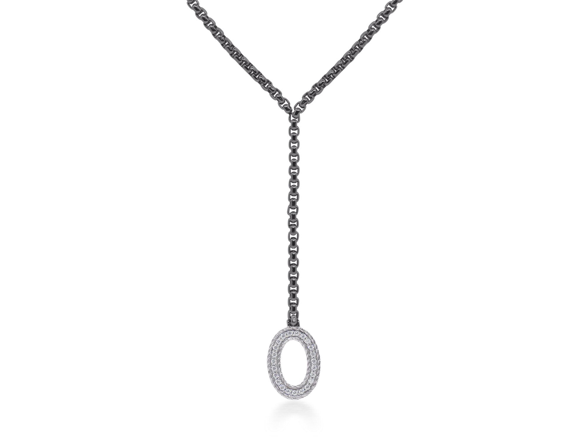 ALOR Black Chain Expressions Open Oval Lariat with 14kt White Gold & Diamonds