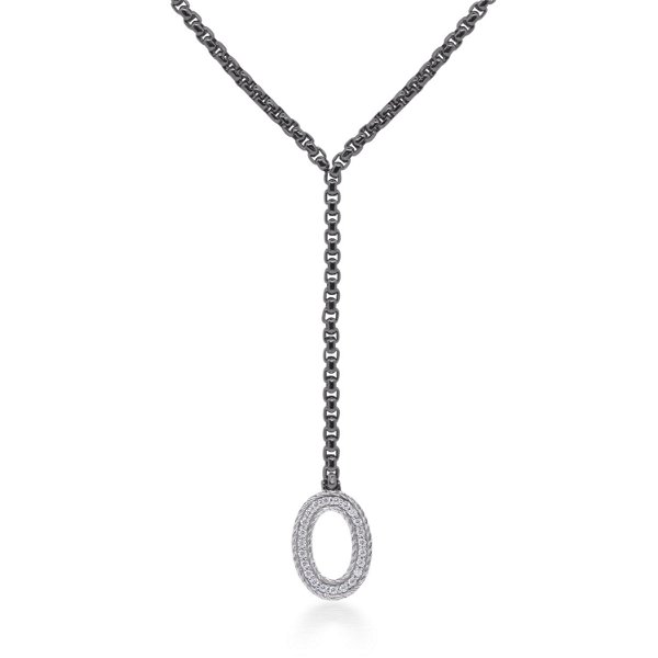 Closeup photo of ALOR Black Chain Expressions Open Oval Lariat with 14kt White Gold & Diamonds