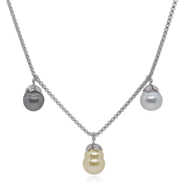 Closeup photo of ALOR Grey Chain Triple Drop Black, White, & Yellow South Sea Pearl Necklace