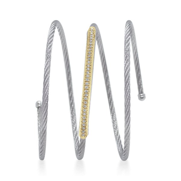 Closeup photo of 18k YG Wrap Bracelet w/ Grey Steel Cable