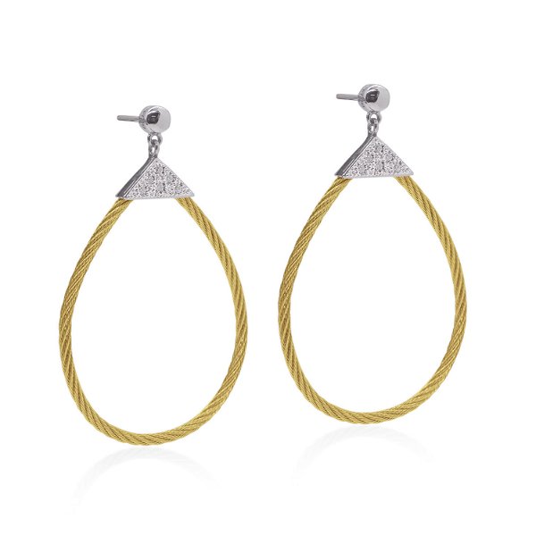 Closeup photo of Yellow Cable Triangle Tear Drop Earrings with 18K Gold & Diamonds