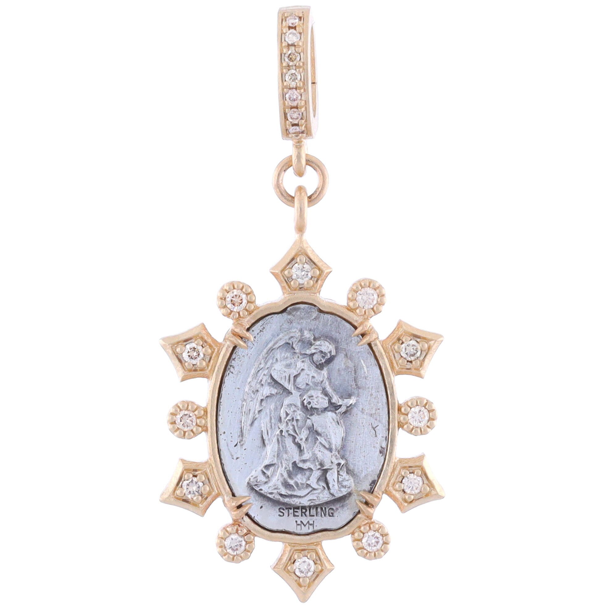 Antique French Sterling St. Joseph & Guardian Angel Medal in 14K Yellow Gold with Diamonds
