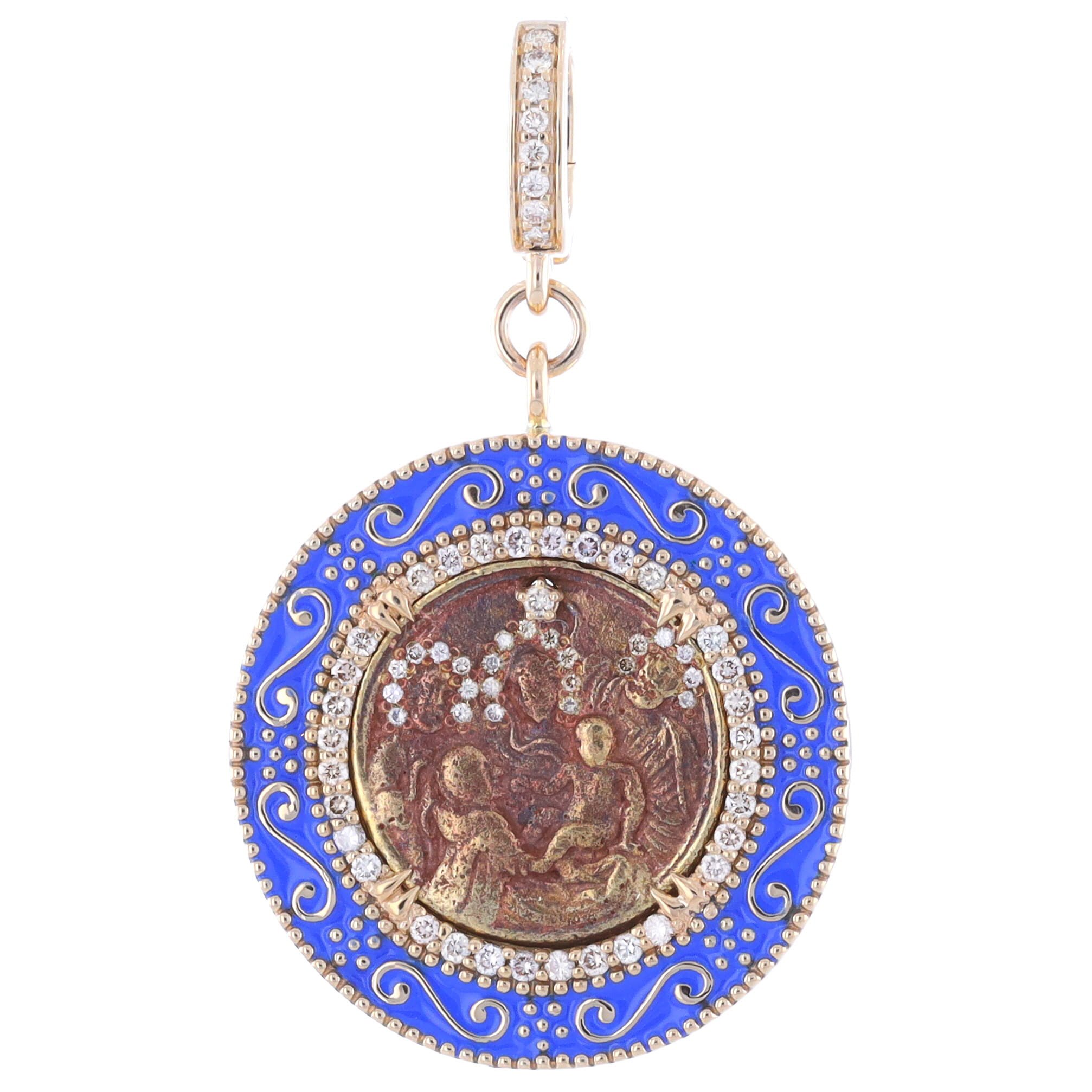Antique Nativity Scene Medal Pendant with Blue Green Enamel Bezel