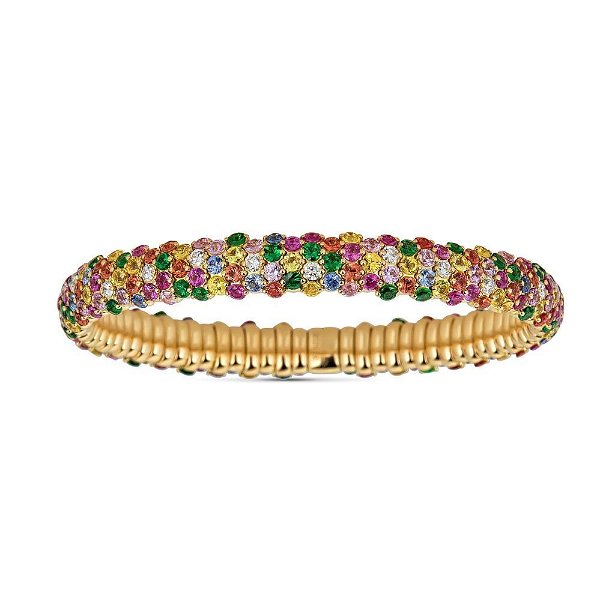 Closeup photo of Small Domed Stretch Bracelet Multicolor Sapphires and 18k Yellow Gold