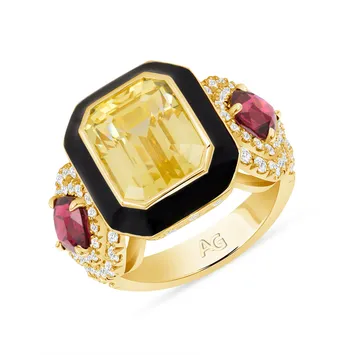 Yellow Ceylon Sapphine Ring with accent Red Spinels - Gia Certified